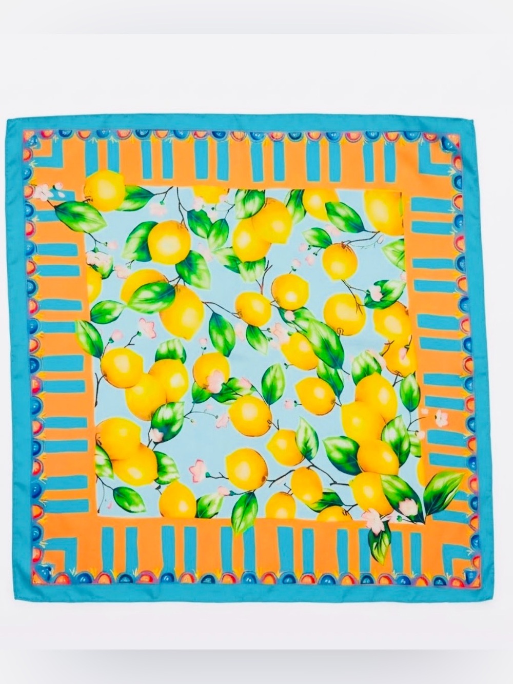 Scarf with Sun Drenched Lemon Print in Blue, Orange & Yellow
